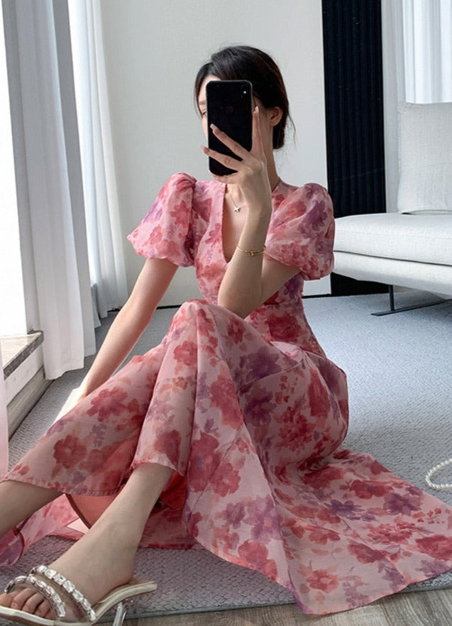 Floral Printed Ladies Dress Elegant Puff Sleeve