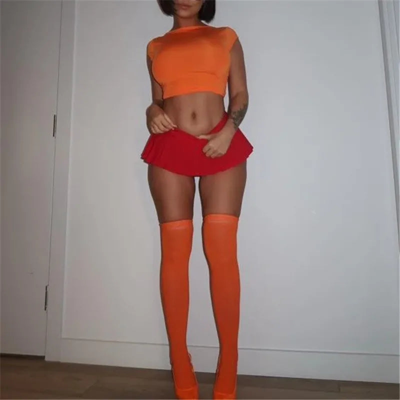 Halloween Scooby Doo Daphne Three Piece Cosplay Costume Women Short Sleeve Crop Tee Pleated Mini Skirt Orange Thigh High Socks