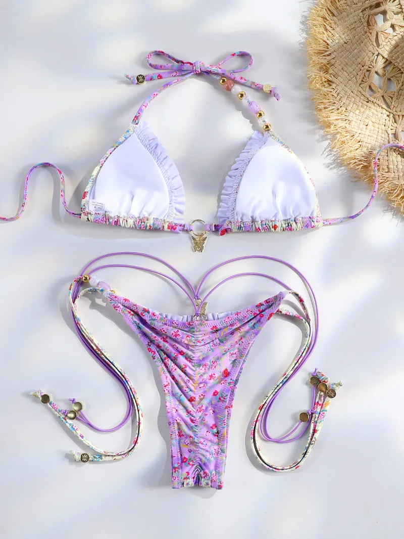 Sexy Triangle Mini Bikini Sets Micro Thongs Swimsuit Women Bathing Suit Biquini Bandage Beachwear Print Swimwear Thong Bikini