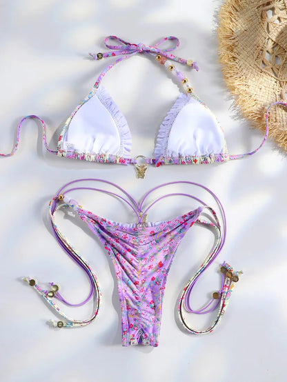 Sexy Triangle Mini Bikini Sets Micro Thongs Swimsuit Women Bathing Suit Biquini Bandage Beachwear Print Swimwear Thong Bikini