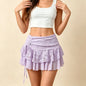 Womens Preppy Cute Mini Skirt Lace Floral Tiered Ruffle Side Drawstring Micro Skirt Y2K Fairy Coquette Low Waist Cake Skirts