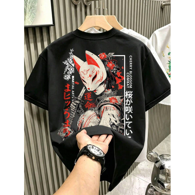 Japanese Oni Mask Print Cotton T-Shirt