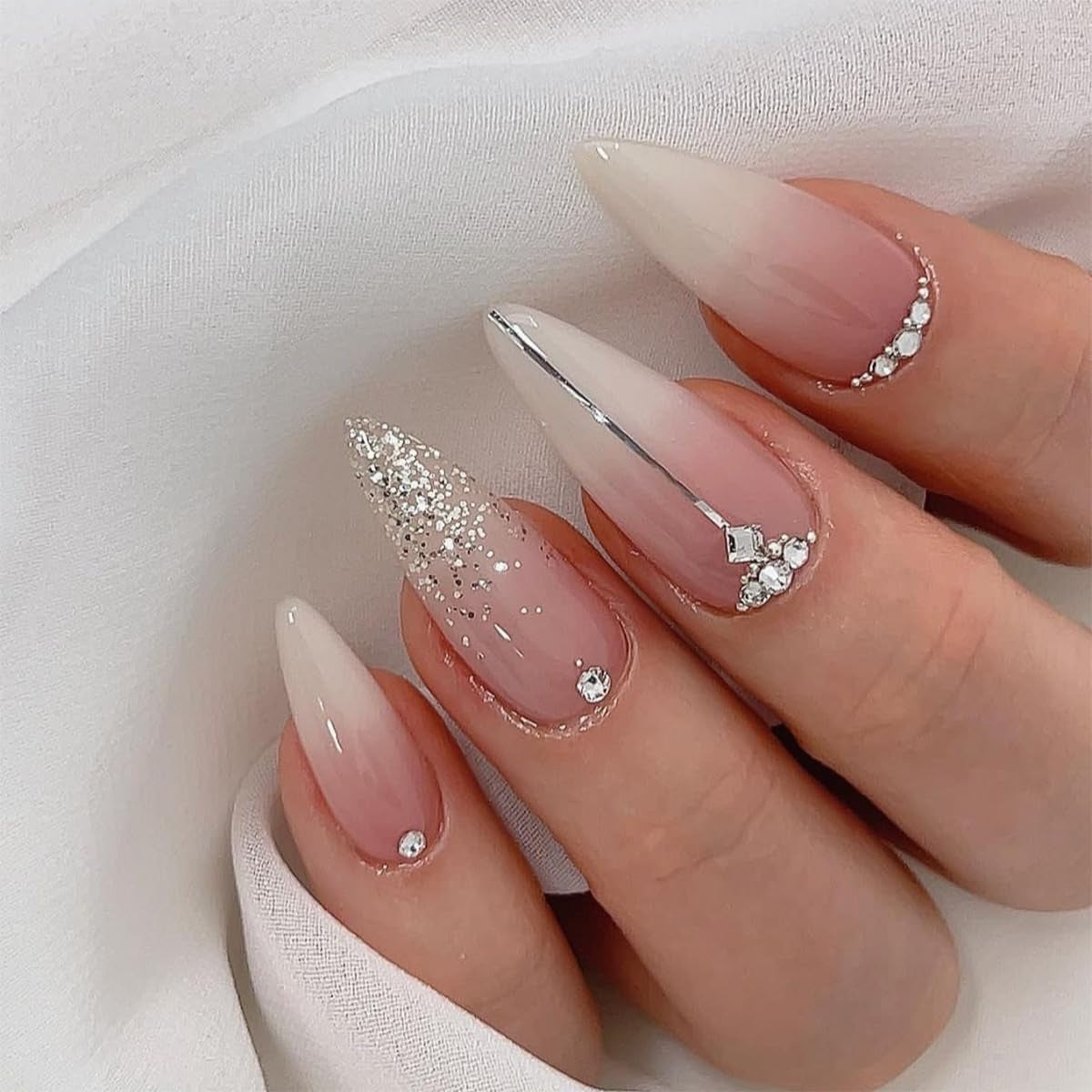 Press on Nails Almond Ombre White Pink Silver Fake Nails Rhinestone Bling