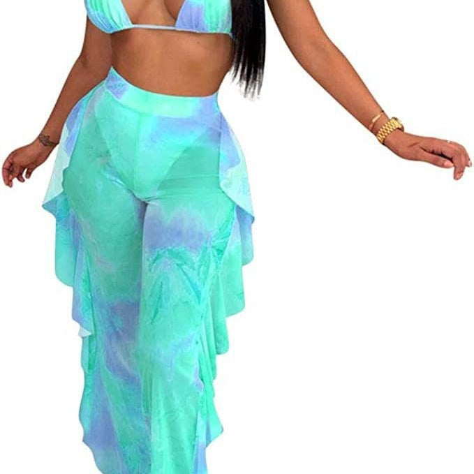 Butterfly Print Bikini Set with Gauze Trousers