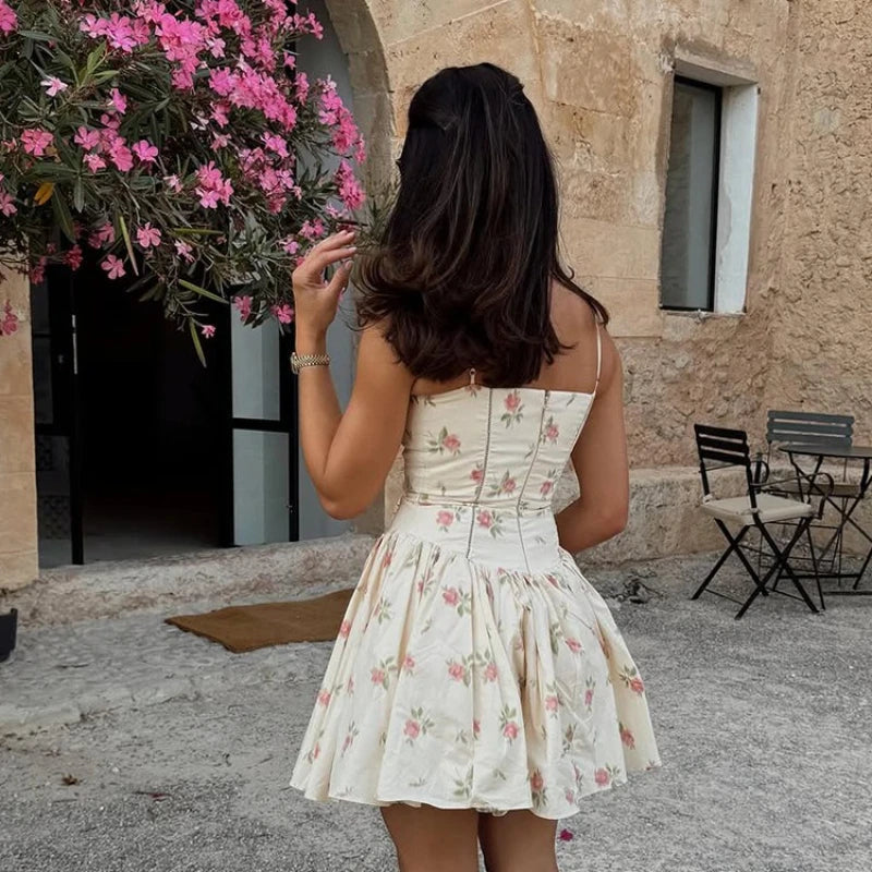 Summer Floral Print Mini Dress Spaghetti Strap Square Neck A-Line Cute Dresses for Vacation Beach Party Women