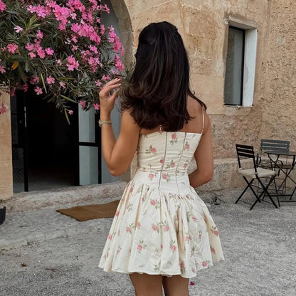 Summer Floral Print Mini Dress Spaghetti Strap Square Neck A-Line Cute Dresses for Vacation Beach Party Women