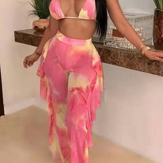 Butterfly Print Bikini Set with Gauze Trousers