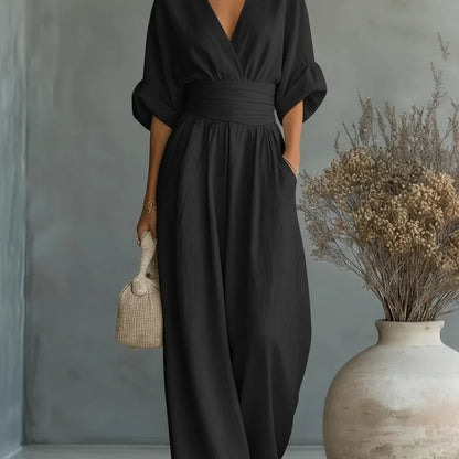 Elegant V Neck Waist Cinching Women Jumpsuit