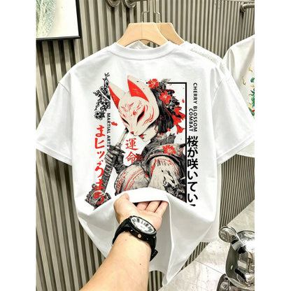 Japanese Oni Mask Print Cotton T-Shirt