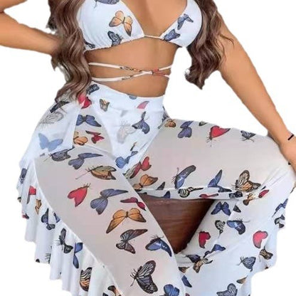 Butterfly Print Bikini Set with Gauze Trousers
