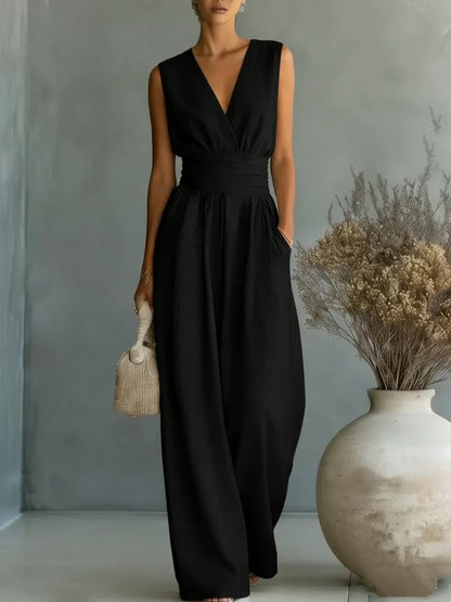 Elegant V Neck Waist Cinching Women Jumpsuit