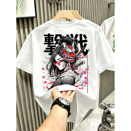 Japanese Oni Mask Print Cotton T-Shirt