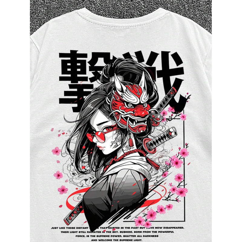 Japanese Oni Mask Print Cotton T-Shirt