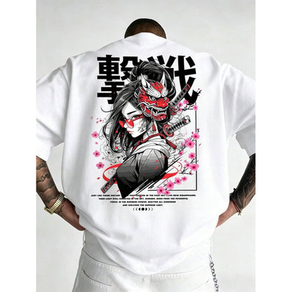 Japanese Oni Mask Print Cotton T-Shirt