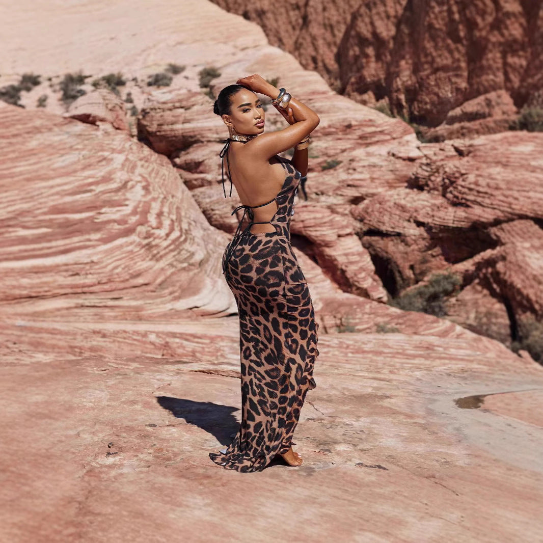 Halter leopard print slit backless dress