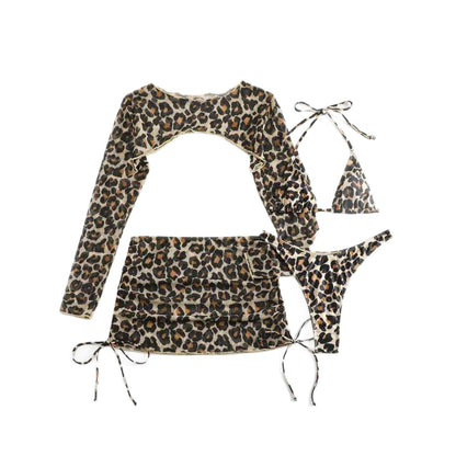 Leopard Print Lace up Sexy Bikini Separated Four piece