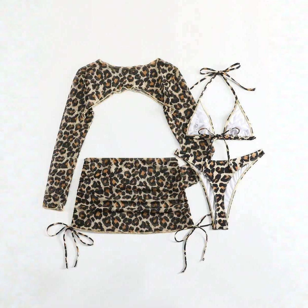 Leopard Print Lace up Sexy Bikini Separated Four piece