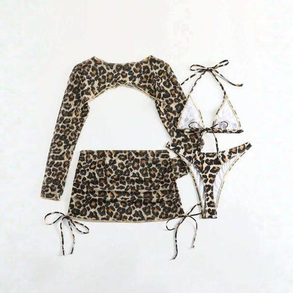 Leopard Print Lace up Sexy Bikini Separated Four piece