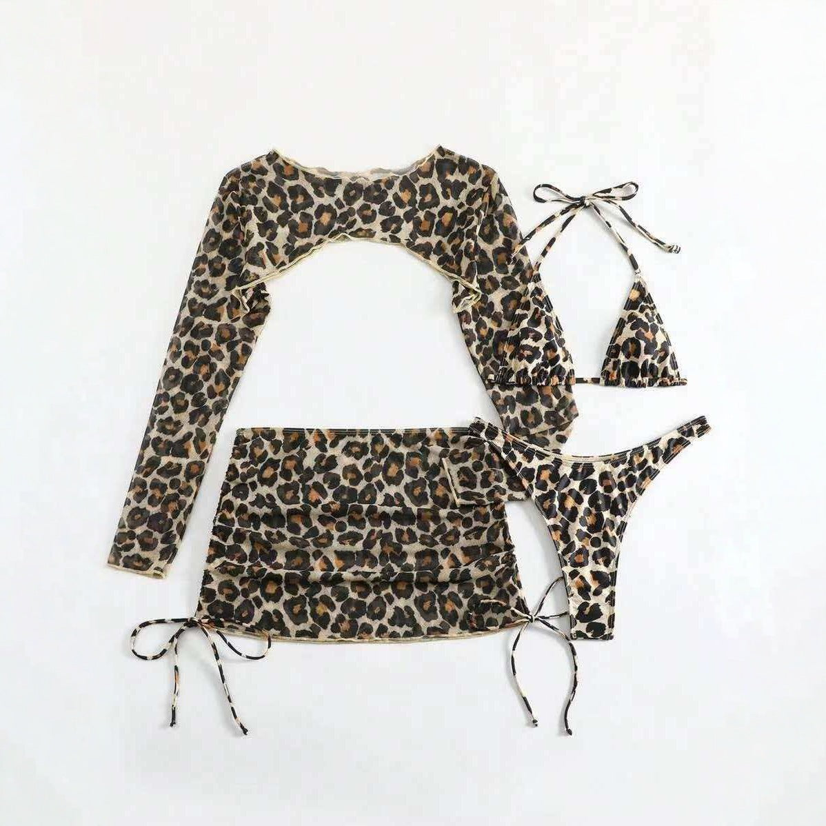 Leopard Print Lace up Sexy Bikini Separated Four piece