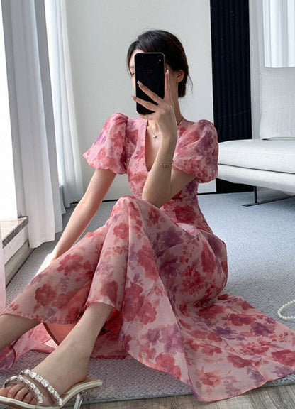 Floral Printed Ladies Dress Elegant Puff Sleeve
