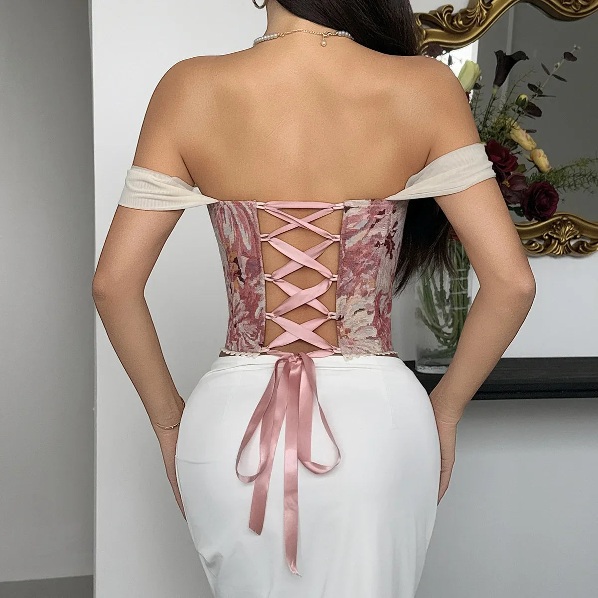 Retro Red Floral Print Corset