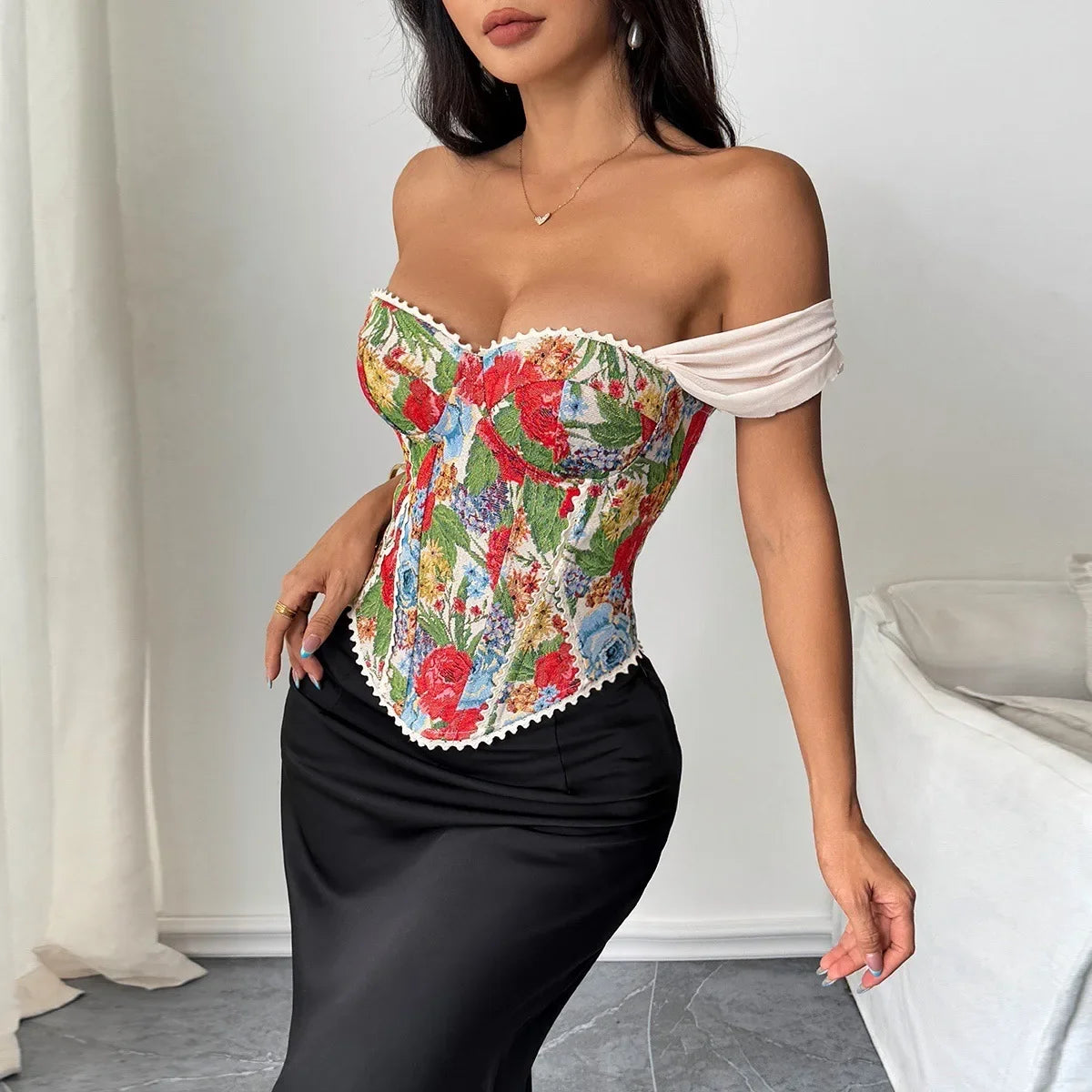 Retro Red Floral Print Corset