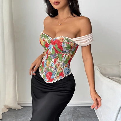 Retro Red Floral Print Corset