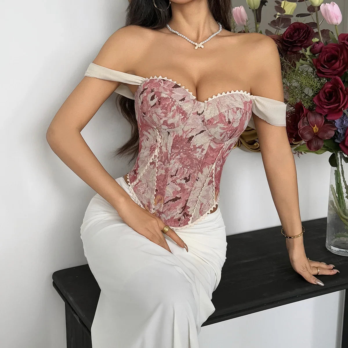 Retro Red Floral Print Corset
