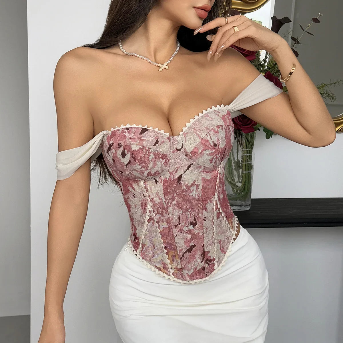 Retro Red Floral Print Corset