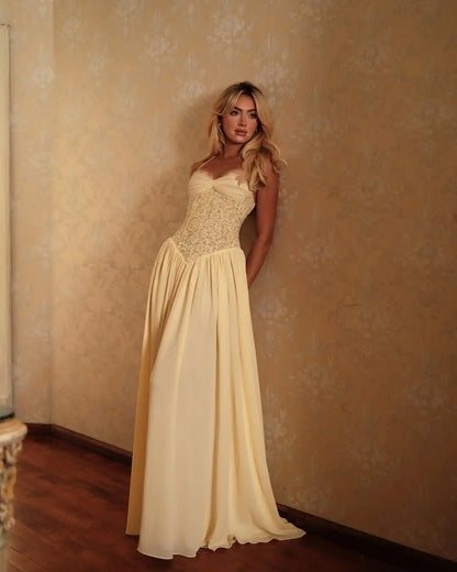 Sexy Yellow Lace Corset Maxi Dress