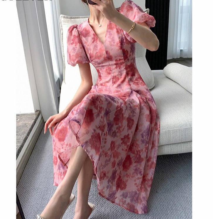 Floral Printed Ladies Dress Elegant Puff Sleeve
