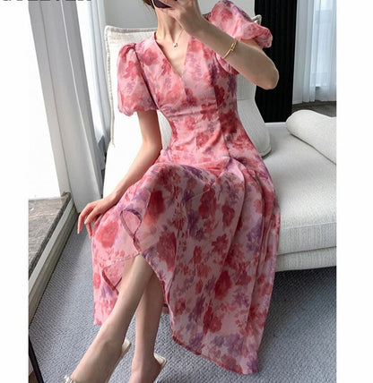 Floral Printed Ladies Dress Elegant Puff Sleeve