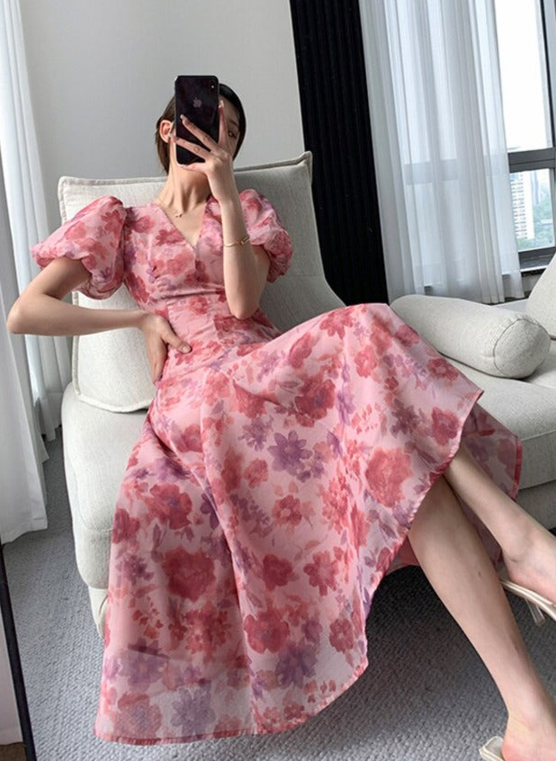 Floral Printed Ladies Dress Elegant Puff Sleeve