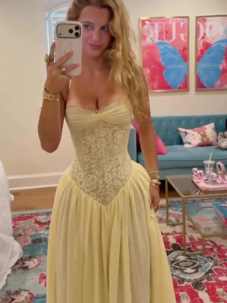 Sexy Yellow Lace Corset Maxi Dress