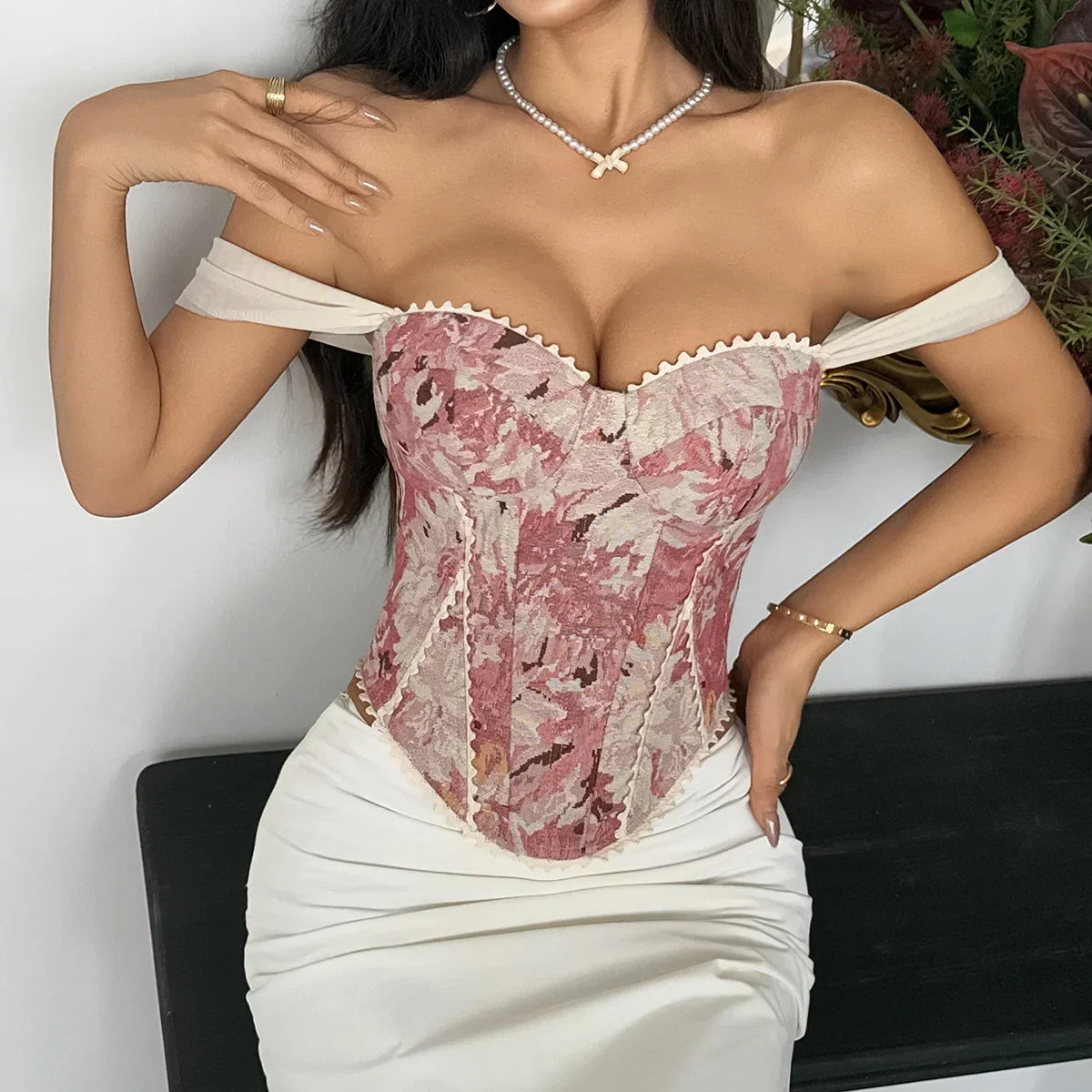 Retro Red Floral Print Corset
