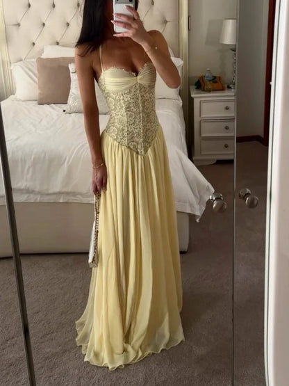 Sexy Yellow Lace Corset Maxi Dress