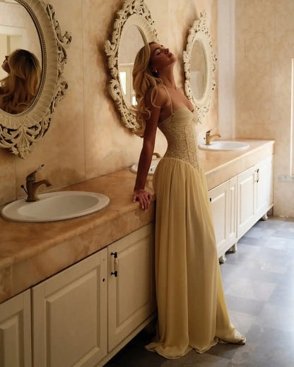 Sexy Yellow Lace Corset Maxi Dress