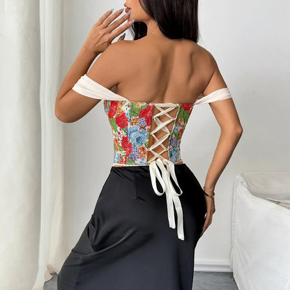 Retro Red Floral Print Corset