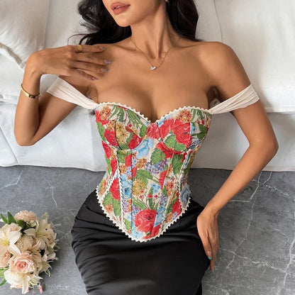Retro Red Floral Print Corset