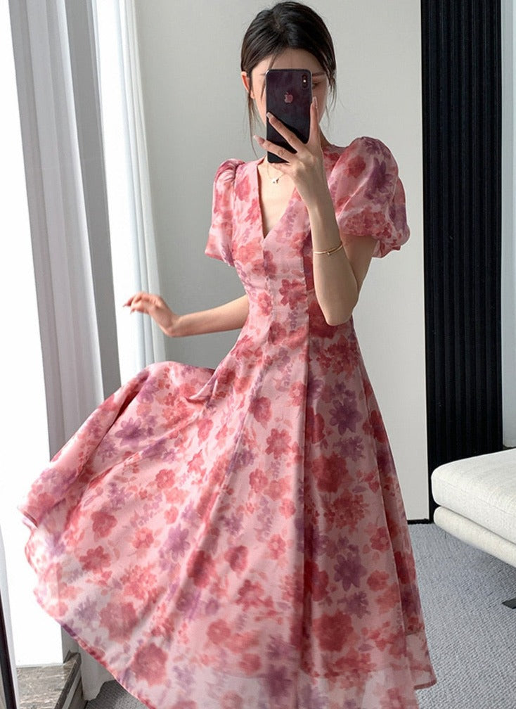 Floral Printed Ladies Dress Elegant Puff Sleeve