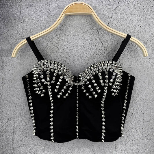 Punk Style Studded Denim Bustier Corset Crop Top Party Stage Costume Bralette