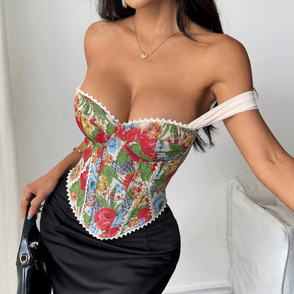 Retro Red Floral Print Corset