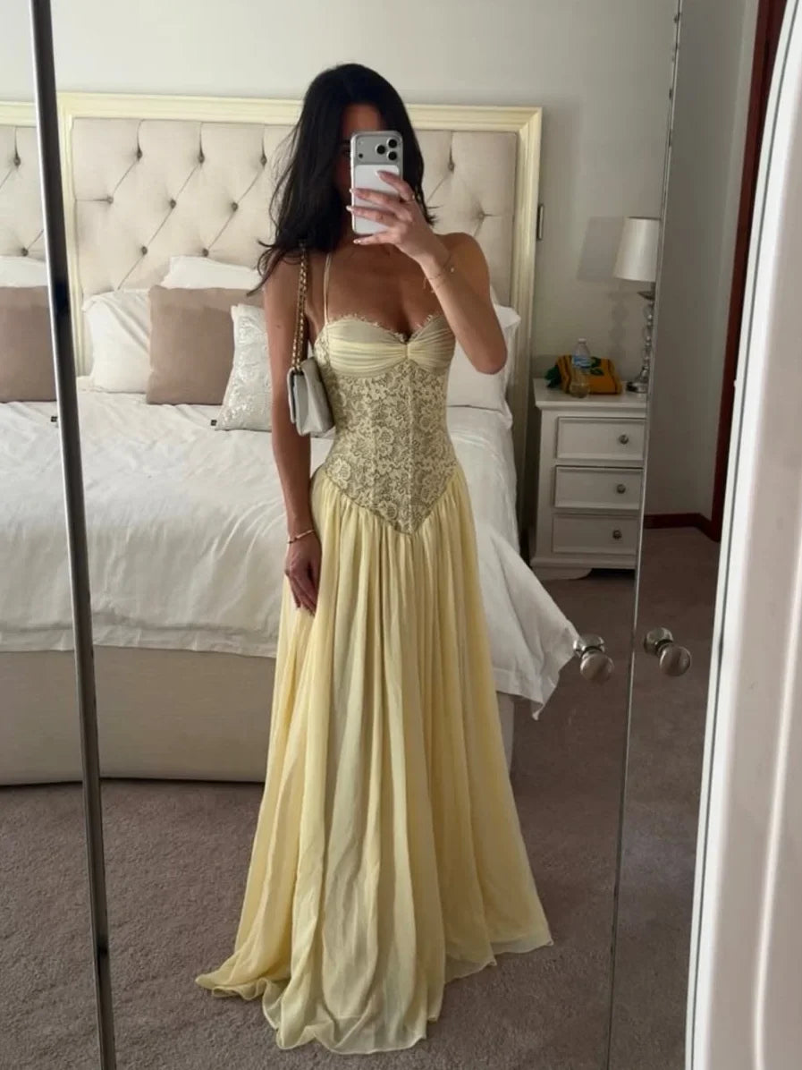 Sexy Yellow Lace Corset Maxi Dress
