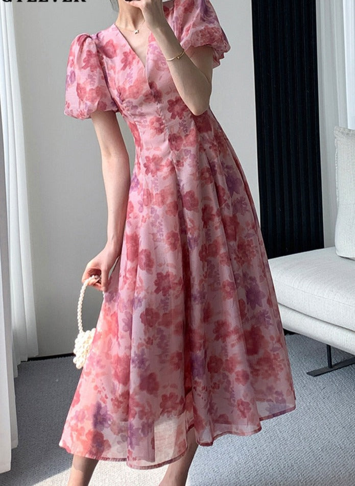 Floral Printed Ladies Dress Elegant Puff Sleeve