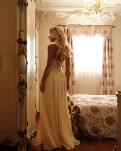 Sexy Yellow Lace Corset Maxi Dress