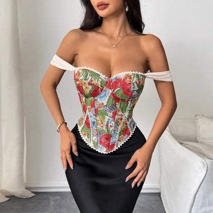 Retro Red Floral Print Corset