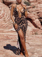 Halter leopard print slit backless dress