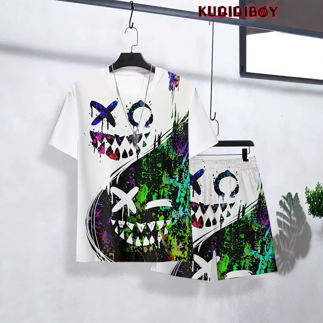 3D Printed Round Neck T-Shirt and Shorts Two-Piece Set