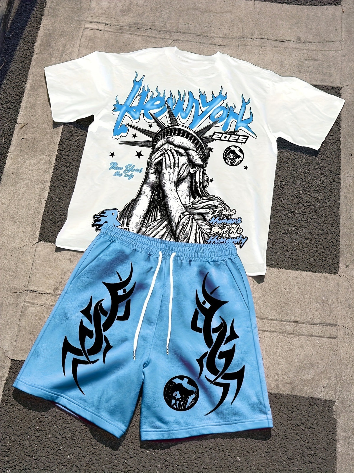 3D Printed Round Neck T-Shirt and Shorts Two-Piece Set