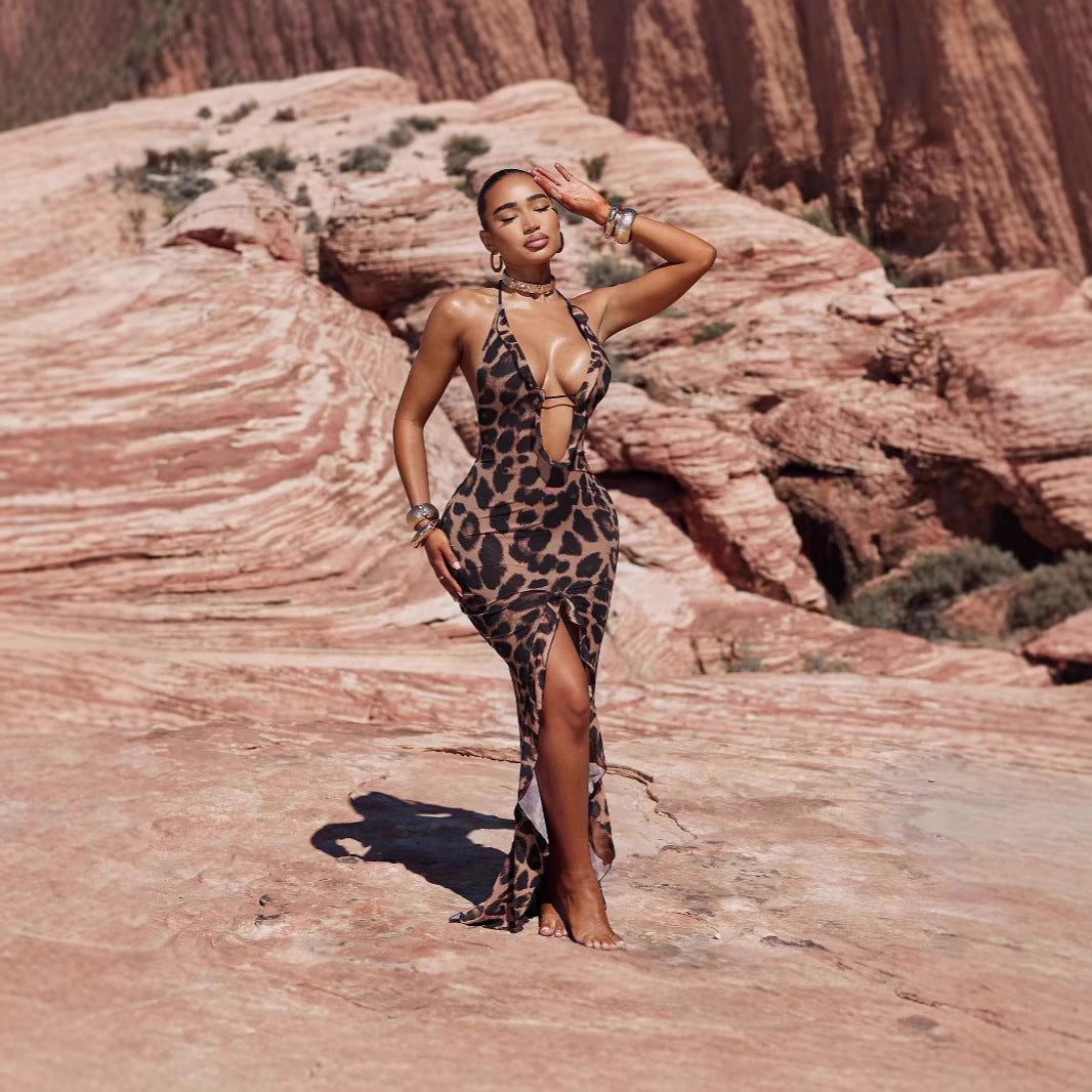 Halter leopard print slit backless dress